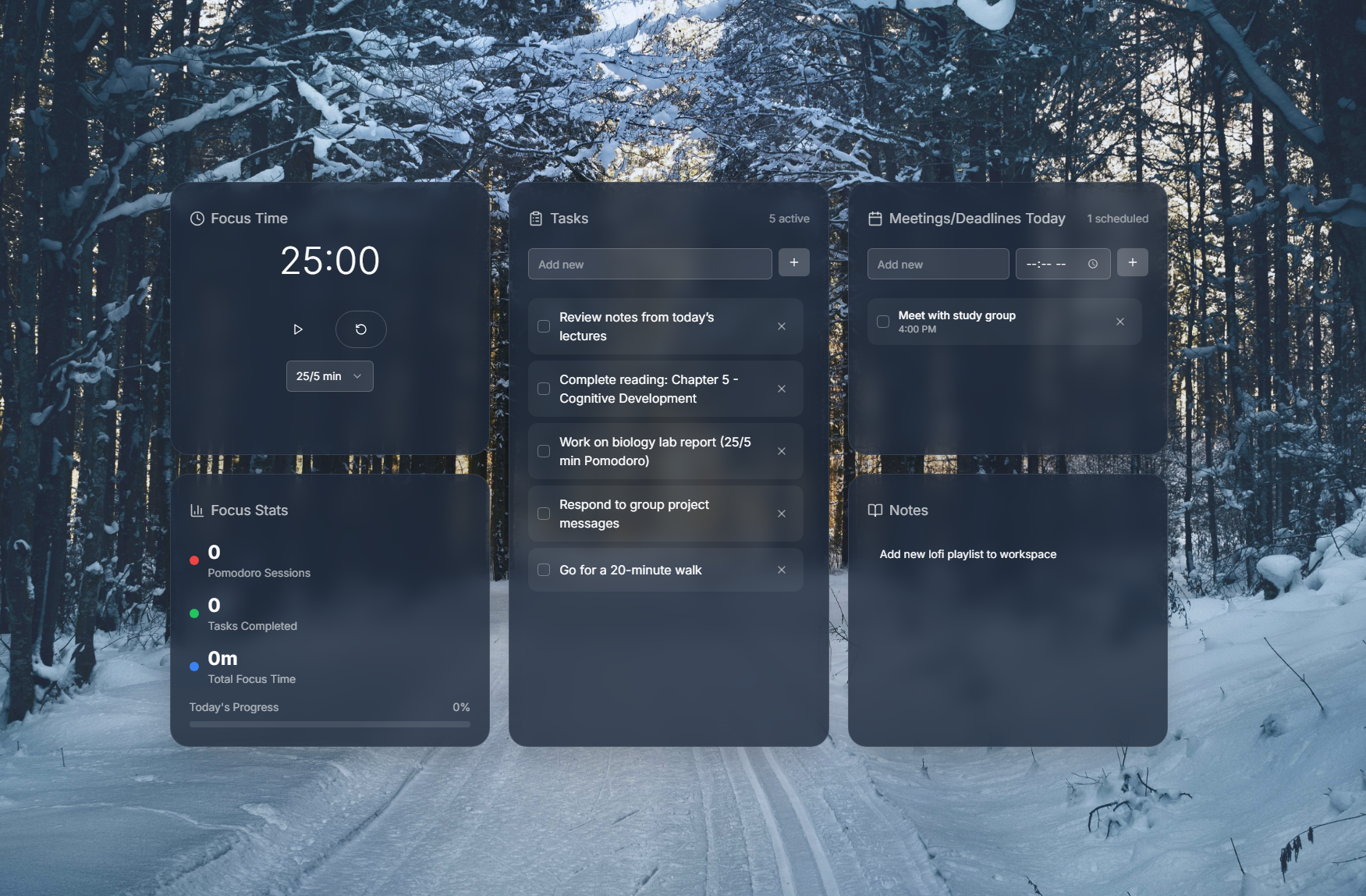 LofiFlow App Interface - showing Focus Time timer (25:00), Tasks list with 5 active items, Meetings/Deadlines with study group meeting, Focus Stats tracking, and Notes section, all displayed over a beautiful snowy winter forest background